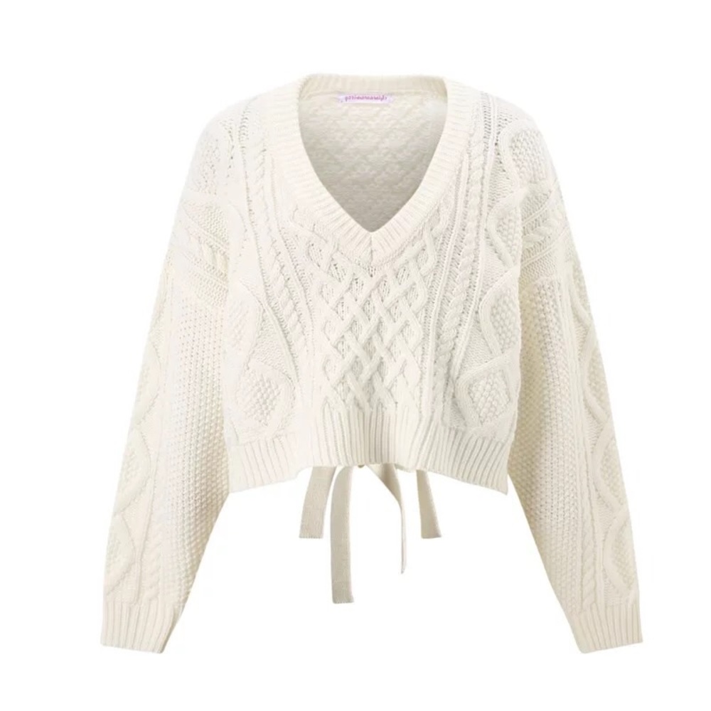 LAST 1! Chunky Cream  Tie Up Back Cable Sweater - Picture 3 of 8